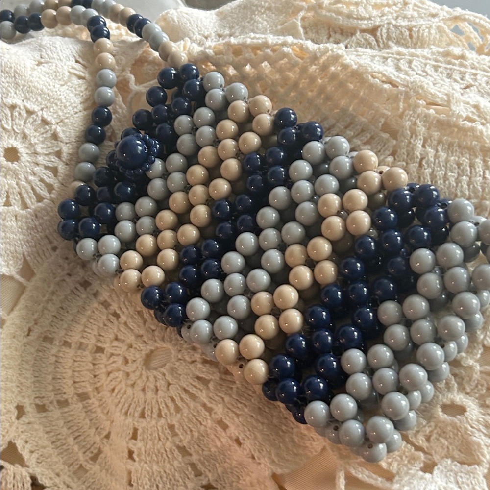 Beaded Pouch Crossbody Phone Sling Button Closure blue gray Cream